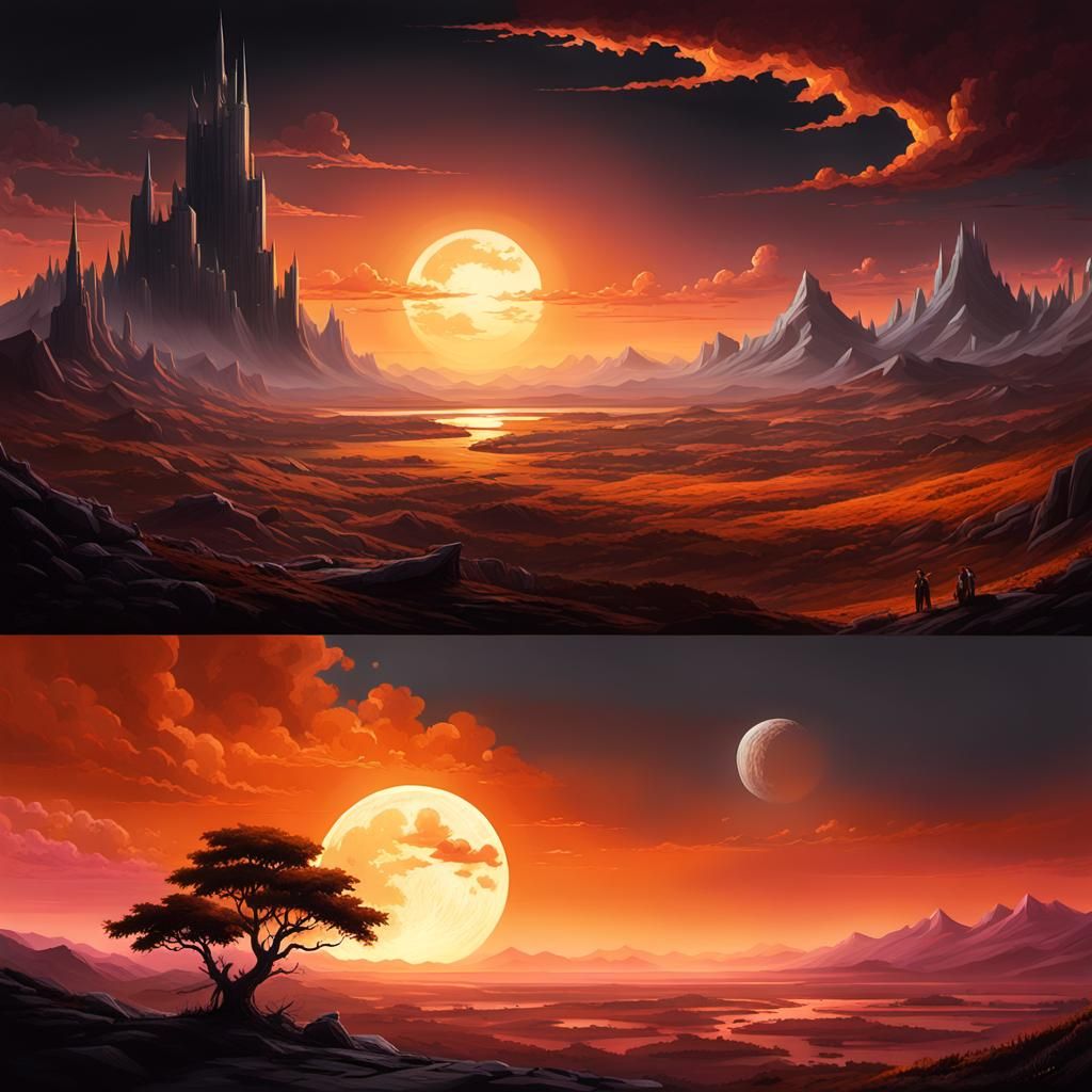 Panoramic Dark Fantasy Sunset to Moonrise