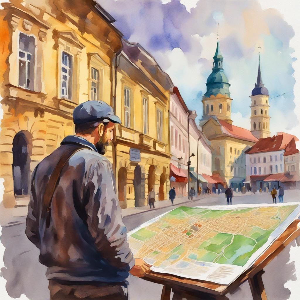 Man Looks at Map in Gouache Style