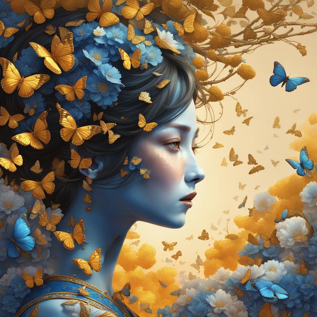 Porcelain Woman Portrait with Butterflies and Flowers