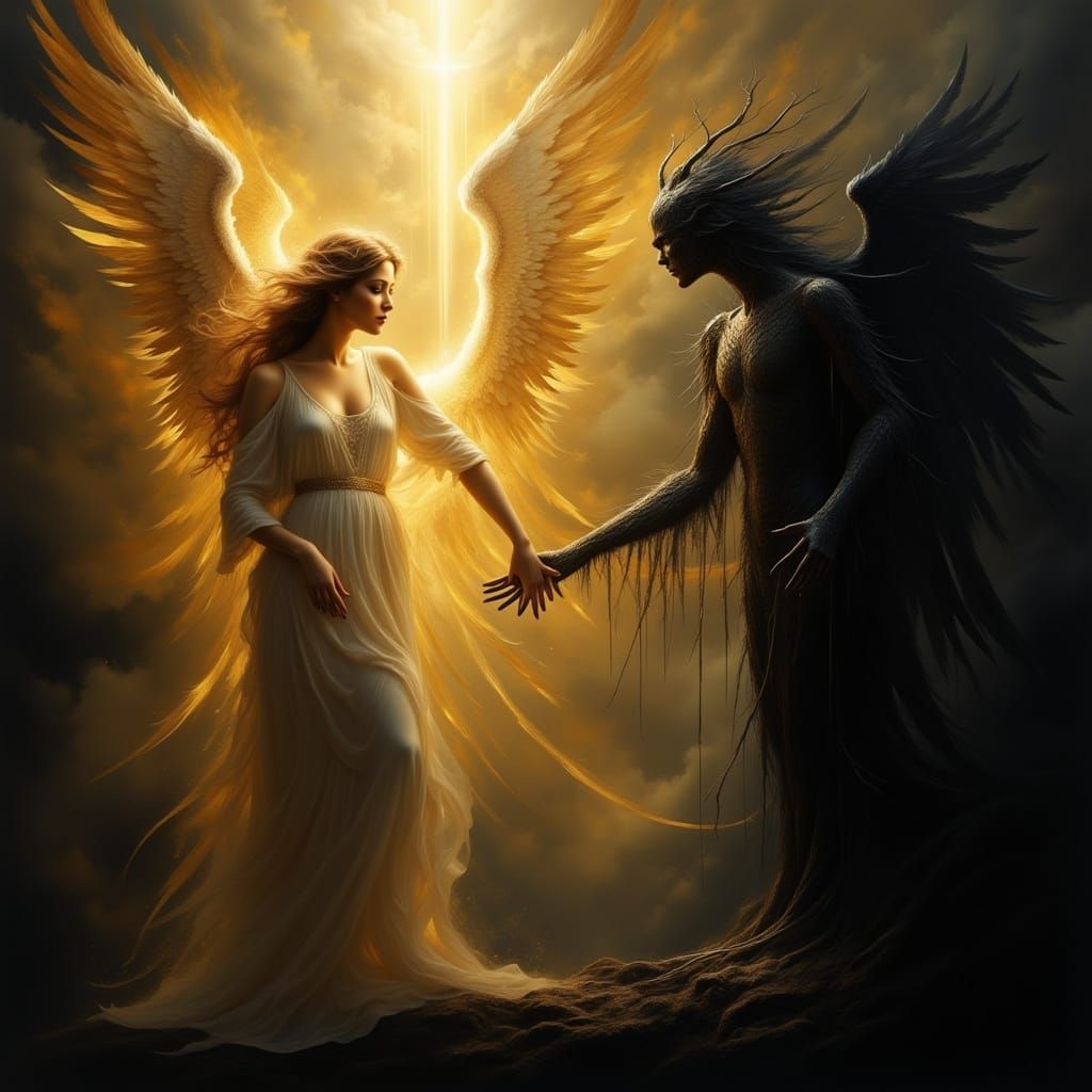 Angel and Demon Confrontation in Chiaroscuro Style