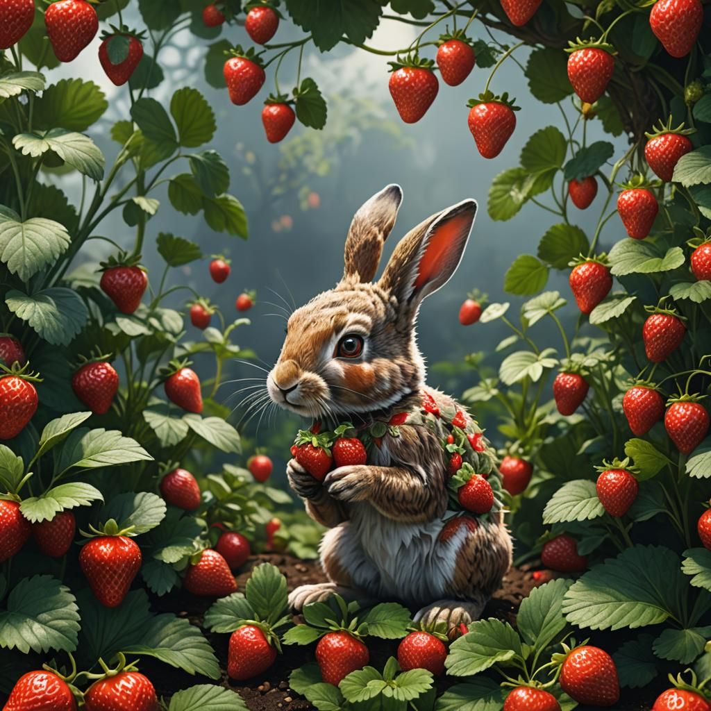 Cute Rabbit Eating Strawberries: Fantasy Art