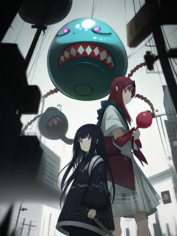 Two Girls with Sinister Companion in Dark Fantasy Style