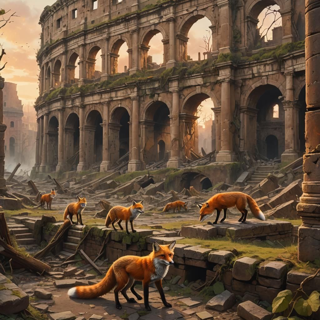 Post-Apocalyptic Roman Colosseum in Warm, Muted Oil Painting