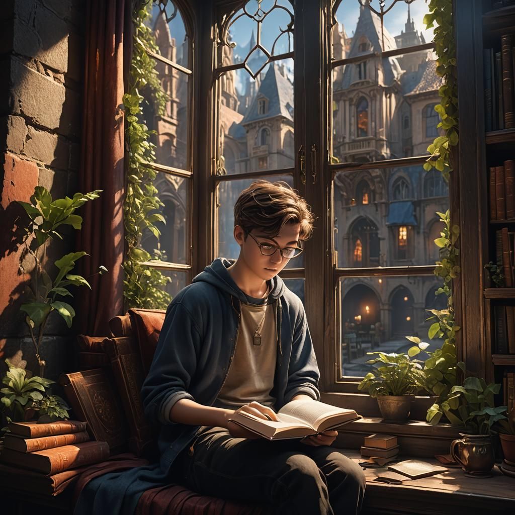 Boy Reading Book: Detailed Matte Painting