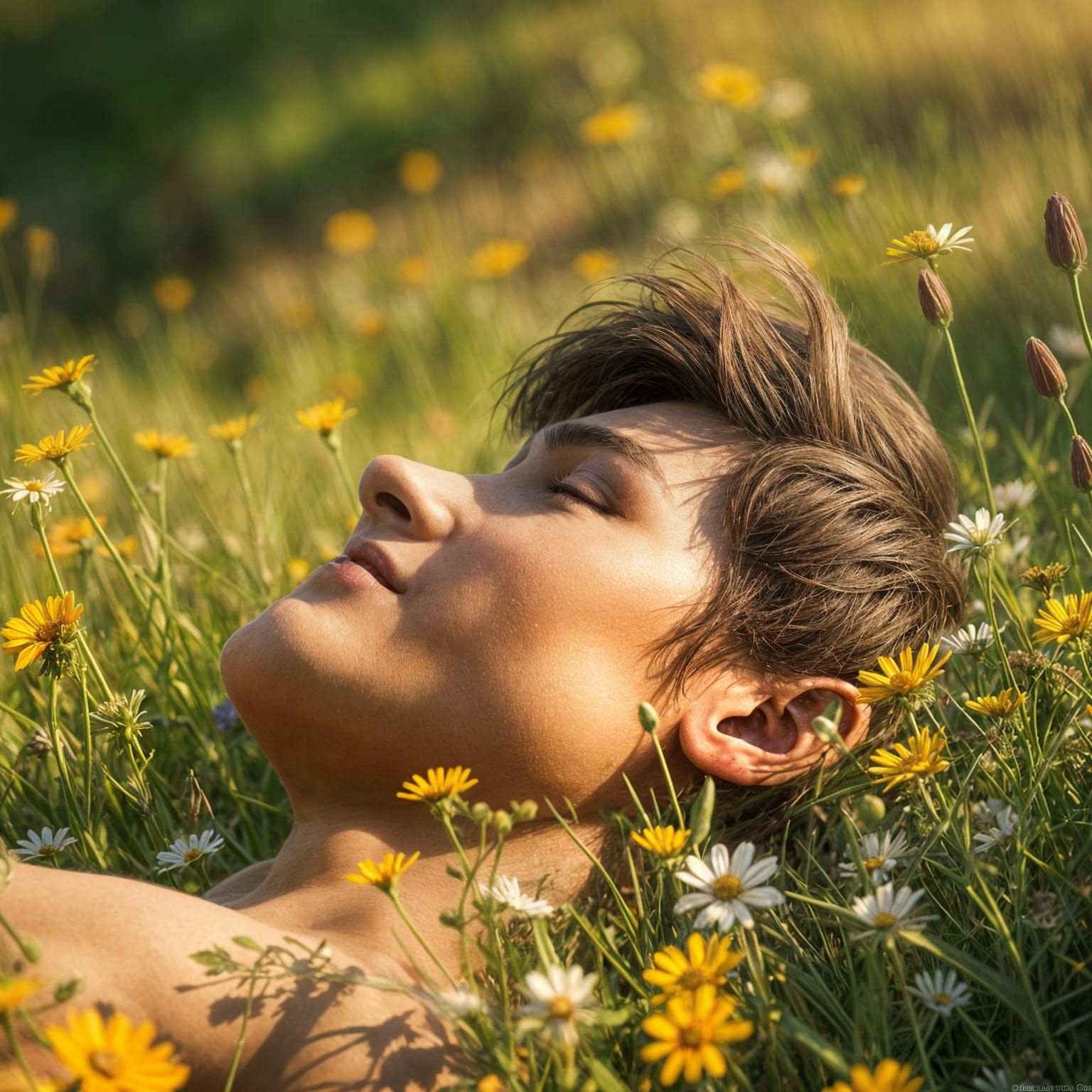Young Man in Vibrant Field of Wildflowers