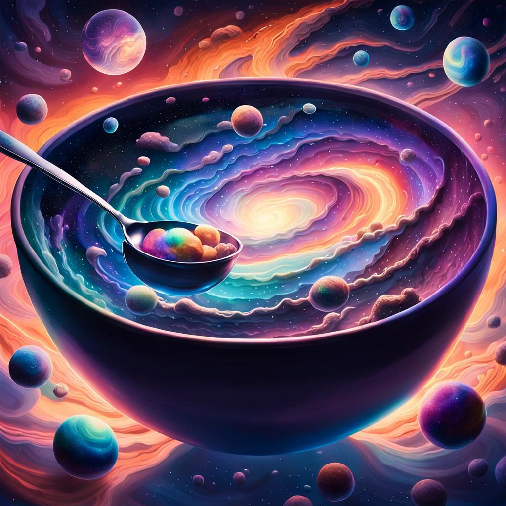 the milky way galaxy in a bowl with spoon, ambient glow to d...