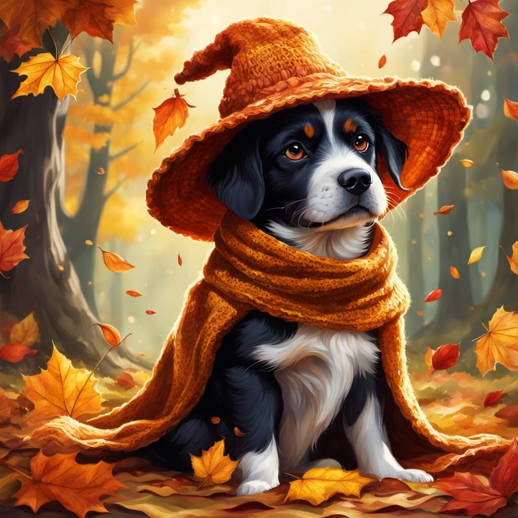 Whimsical Dog in Autumn Leaf Hat Digital Painting