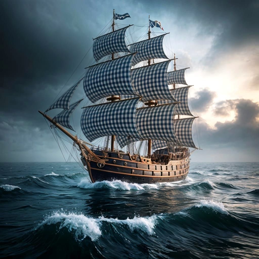 Baroque Galleon in Gingham Sails Storm
