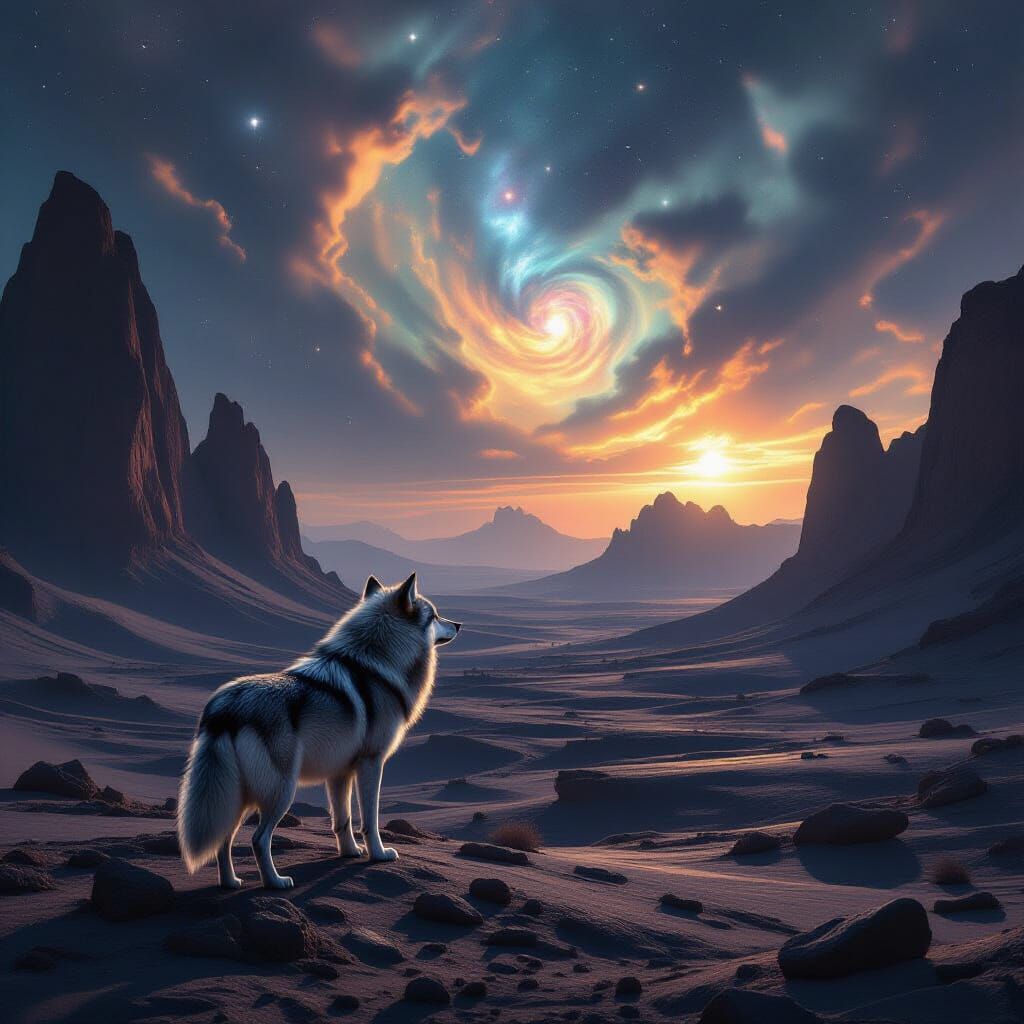 Lone Wolf Contemplates Alien Galaxy Sky