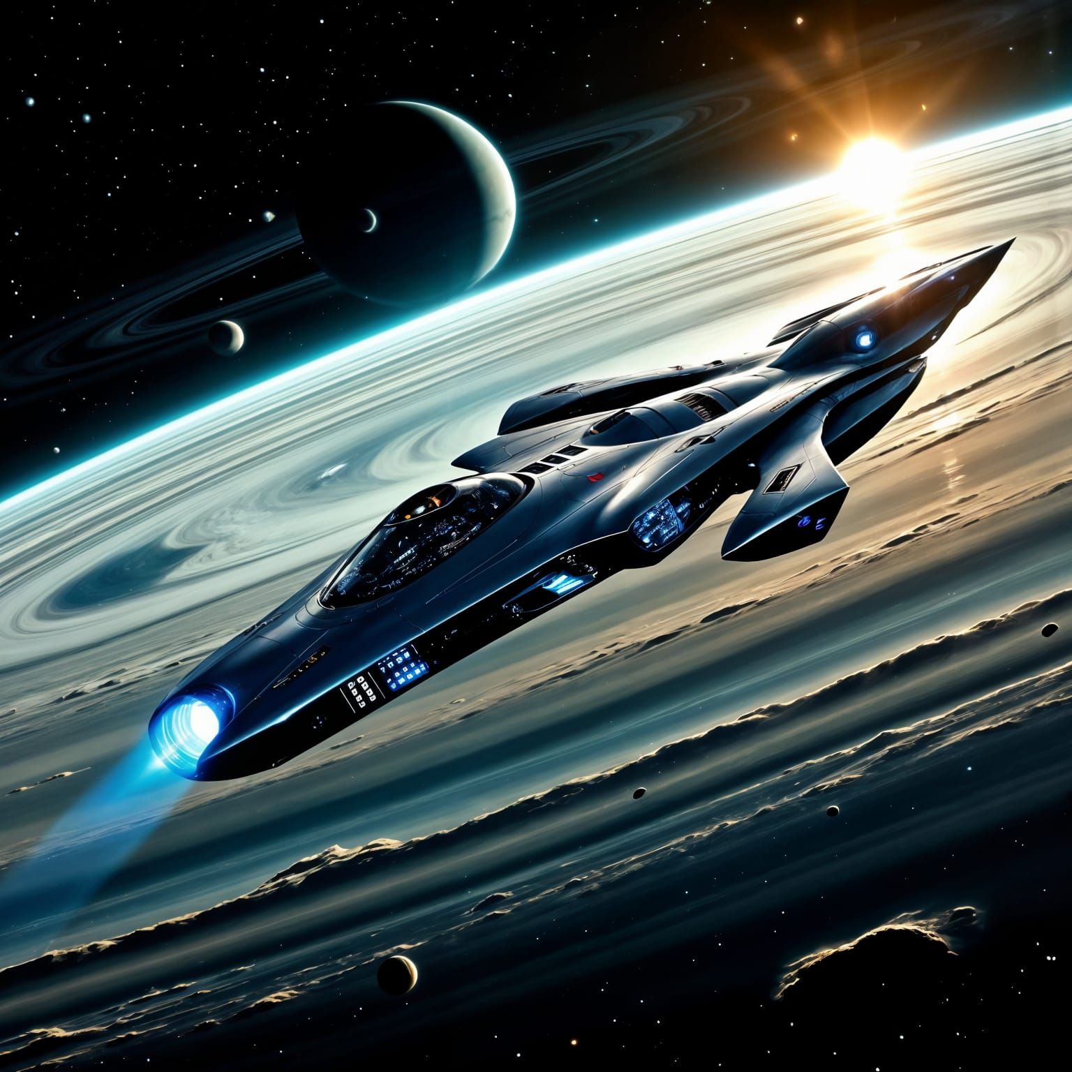 Surreal Spaceship Cruises Past Saturn's Rings in a Cosmic Ne...