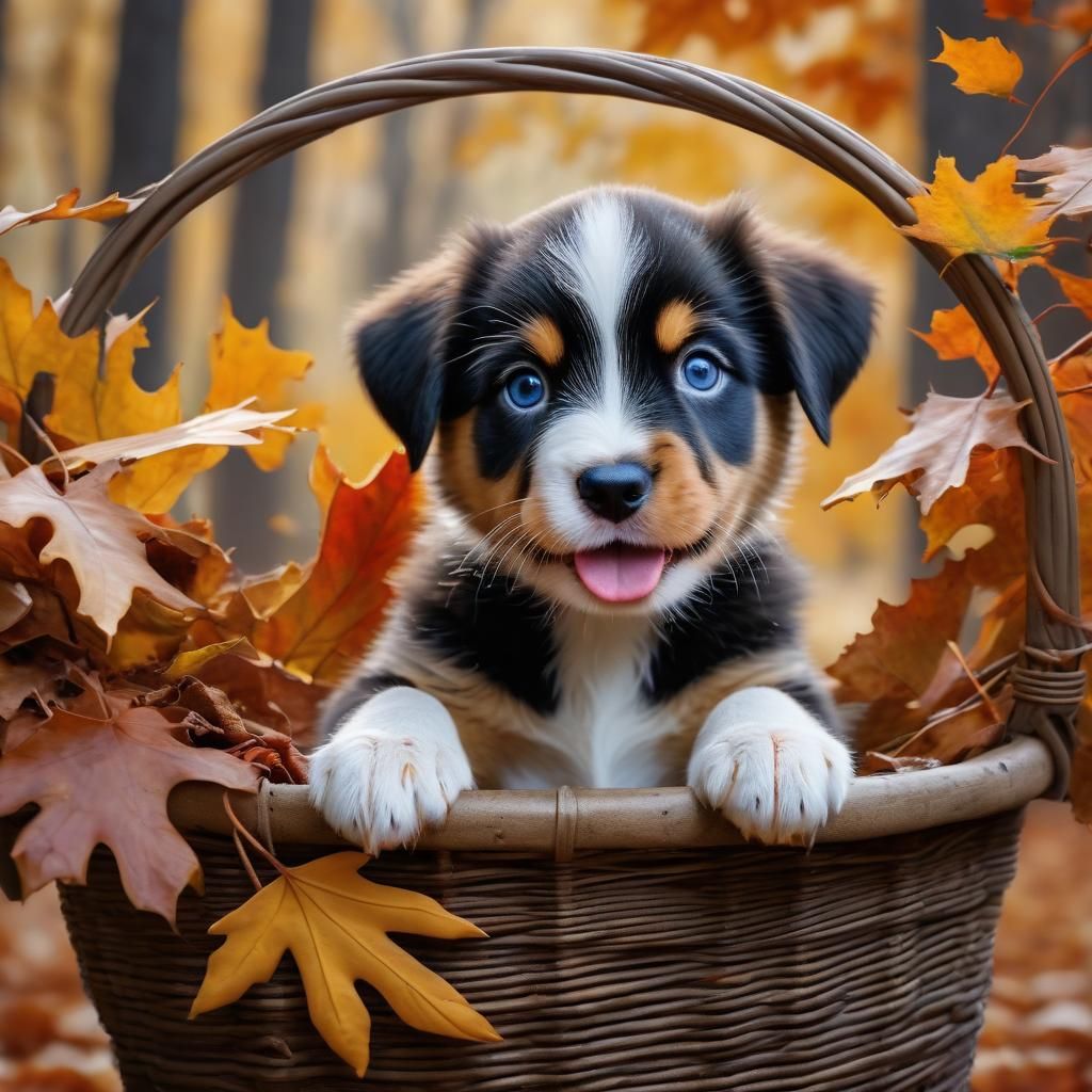 Adorable Puppy in Autumn Leaves, Detailed Matte Painting