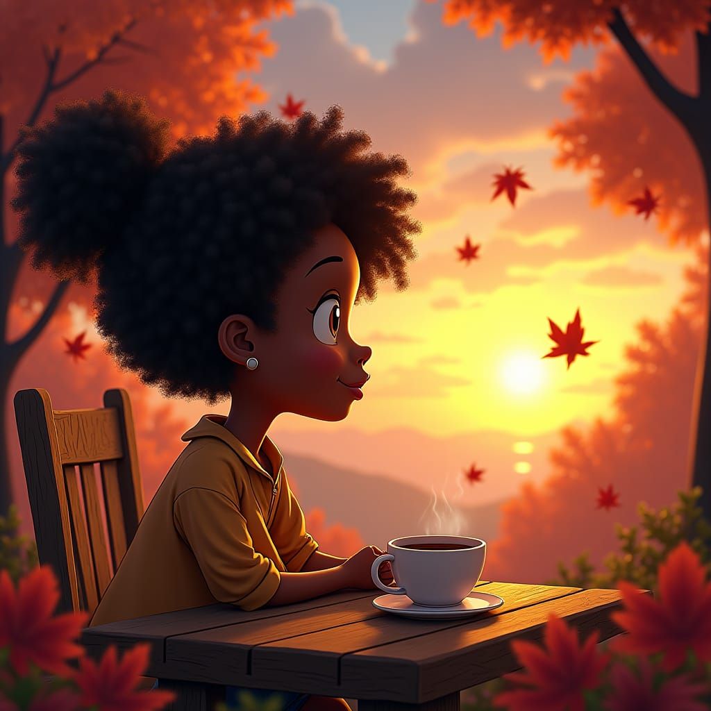 Chibi Woman Enjoys Autumn Sunset, Digital Matte Painting