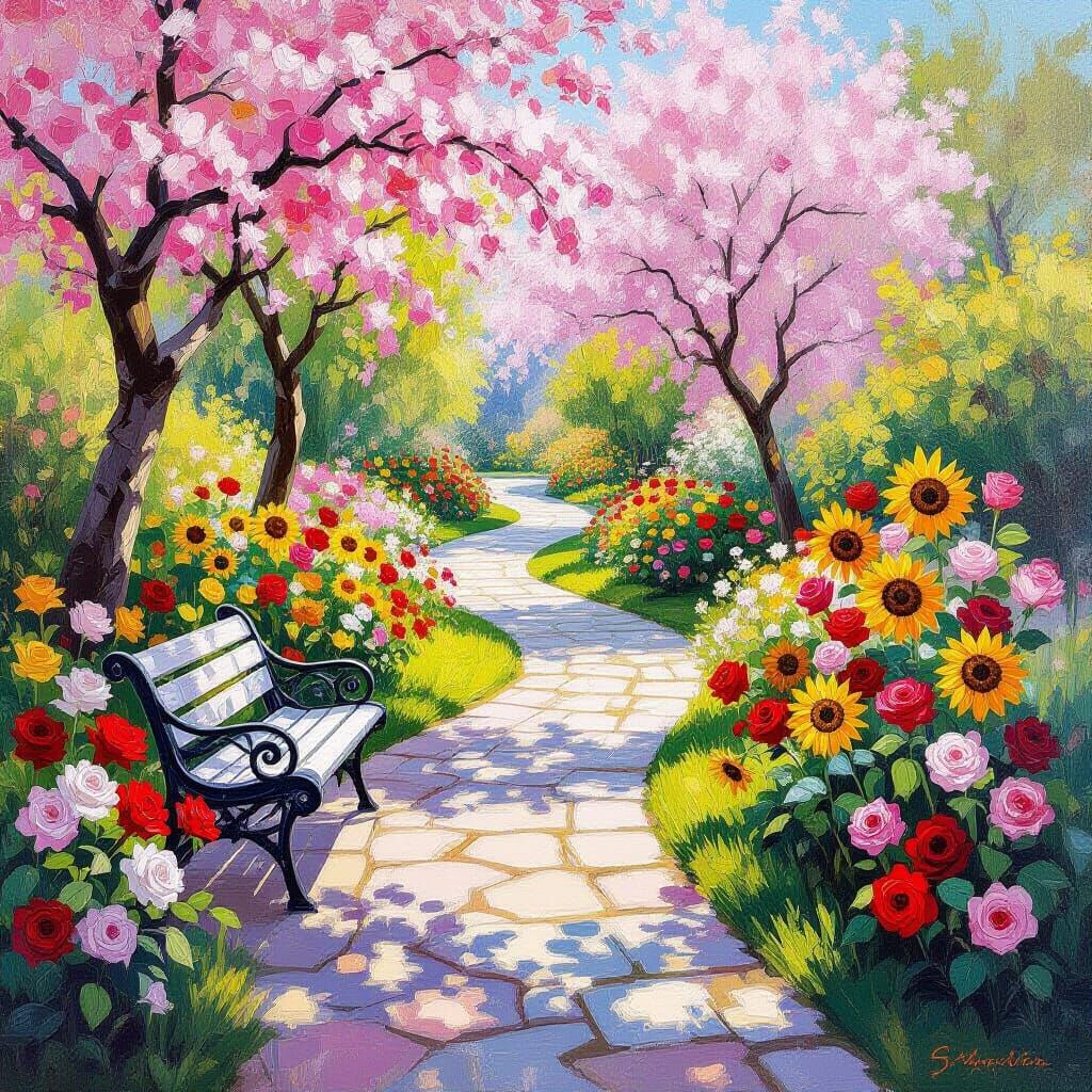 Blooming Garden Path in Impressionist Oil Painting Style