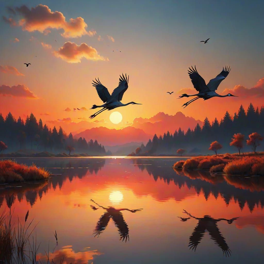 Majestic Cranes Soar Across a Vibrant Sunset in a Cinematic ...