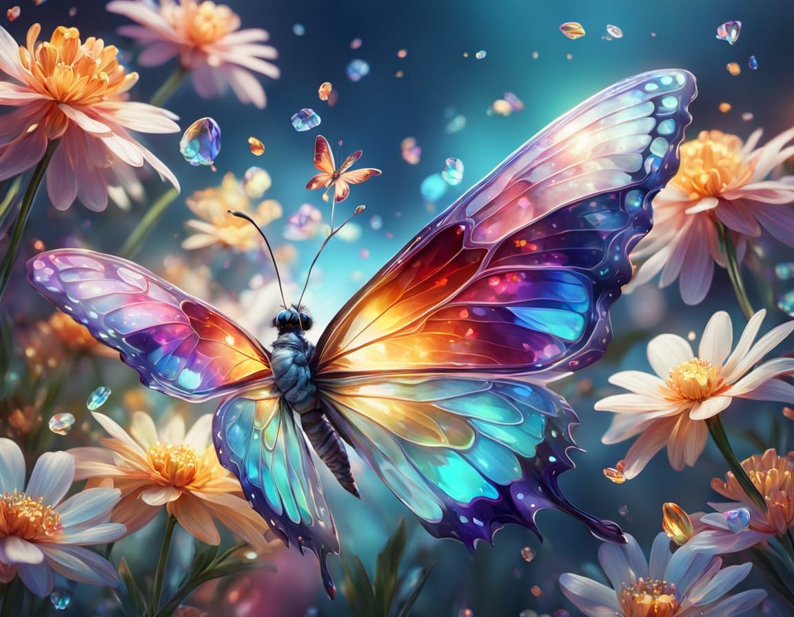 Crystal Butterfly Flies Over Flowers: Vibrant Digital Art