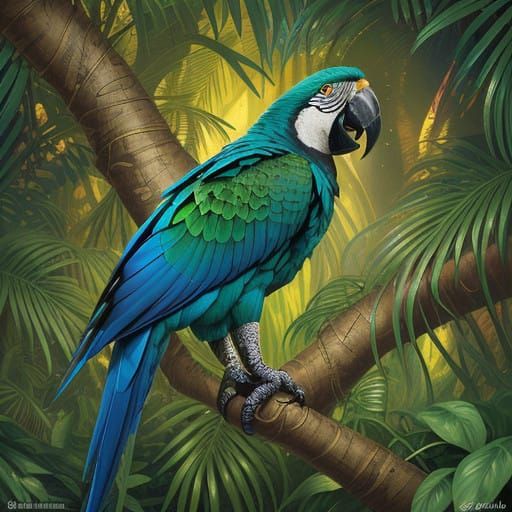 Hyper-Realistic Macaw in Majestic Jungle Landscape