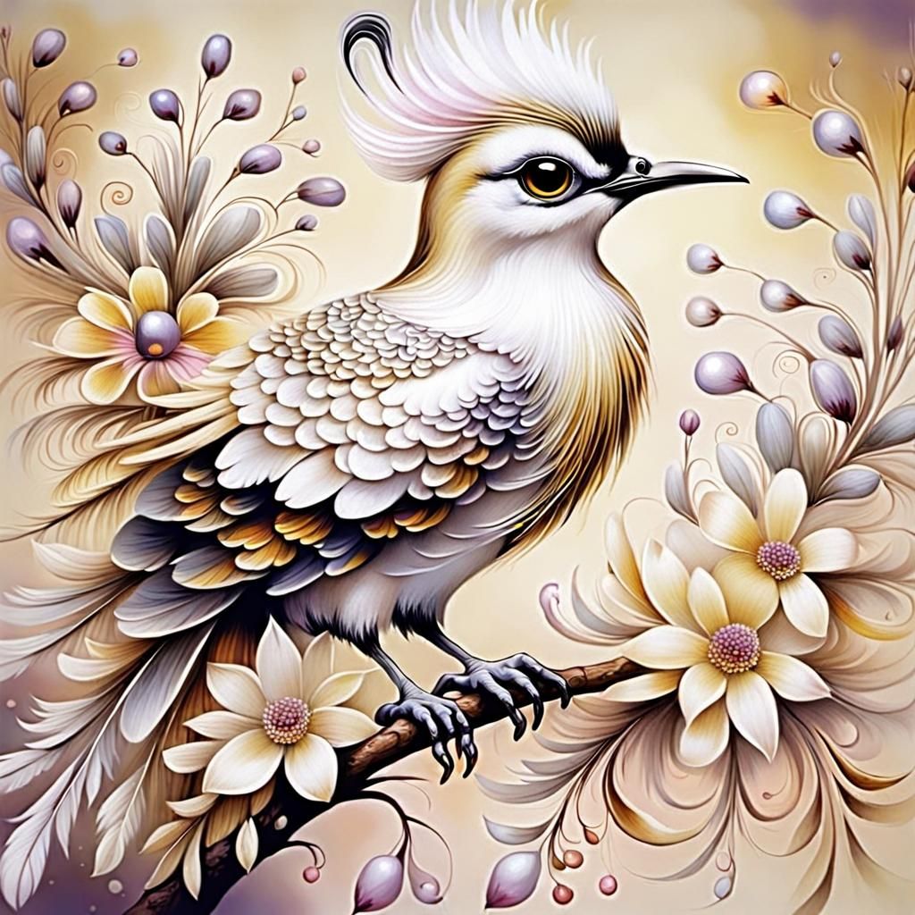 Cute Bird with Shiny Eyes on Flowering Branch