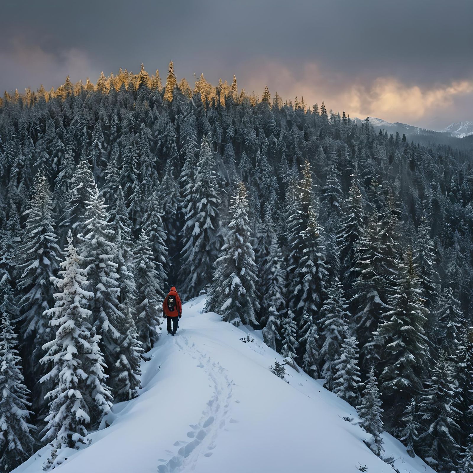 Adventurer in Snowy Canadian Pine Forest: Gouache Painting