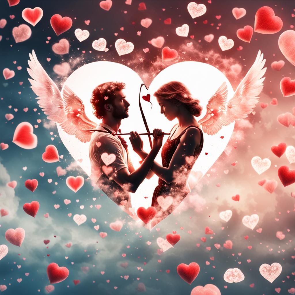 Cupid juxtaposed with a man and a woman deeply in love