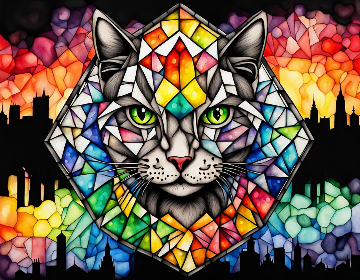 Geometric Rainbow Cat in Stained Glass Style