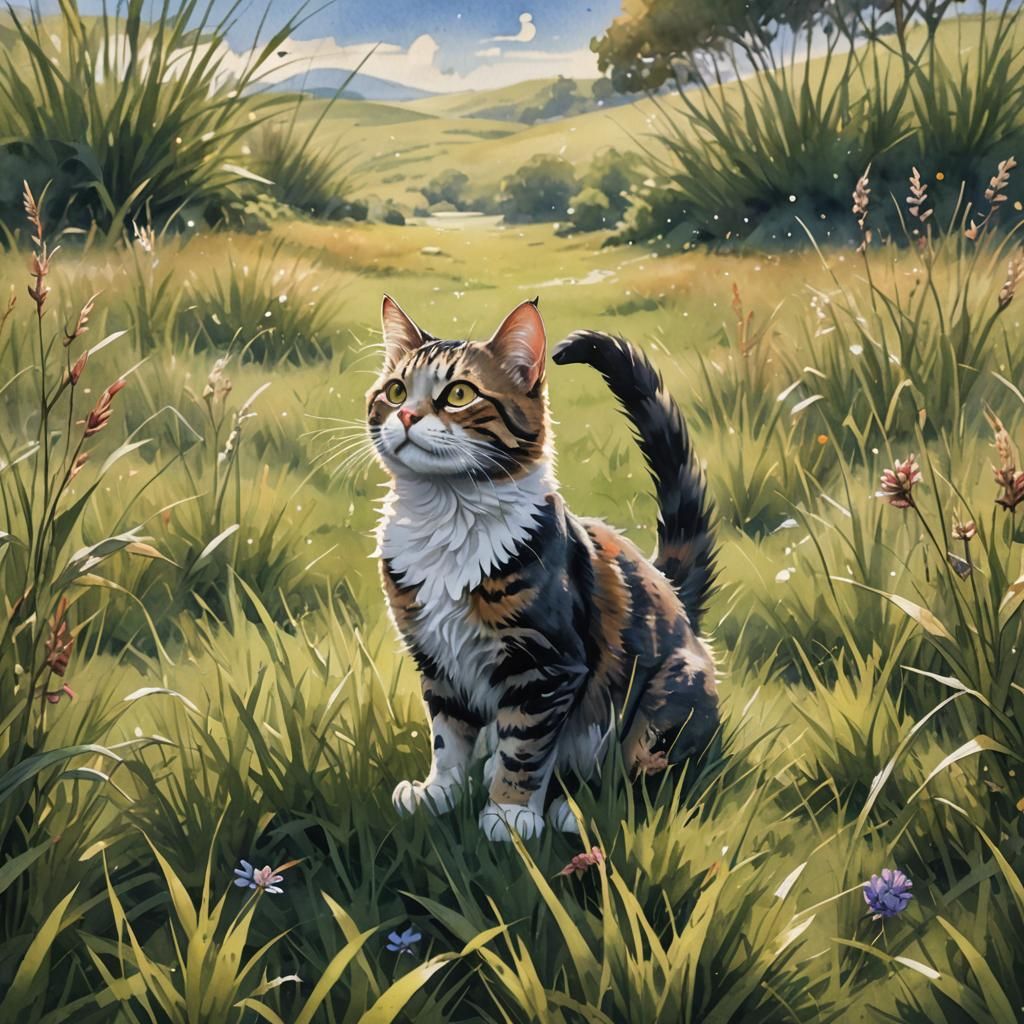 Cat Stretching in Grassland as Watercolor Painting