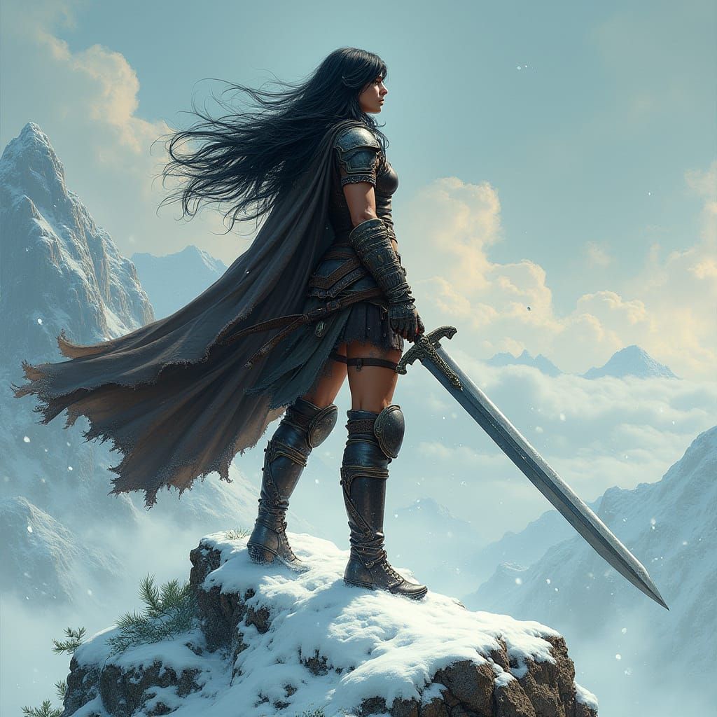 Cimmerian Warrior Woman with Sword on Snowy Peak