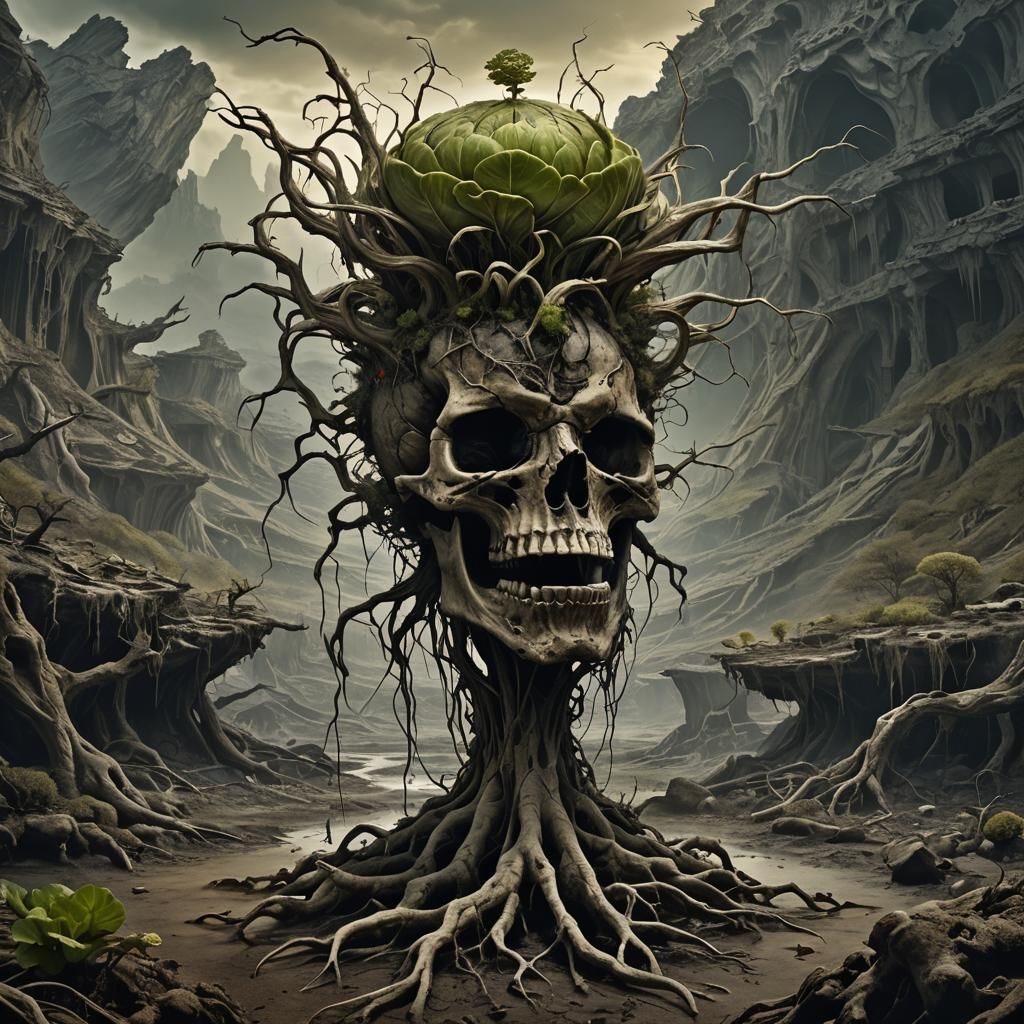 Surreal Plant Emerges from Warrior Skull