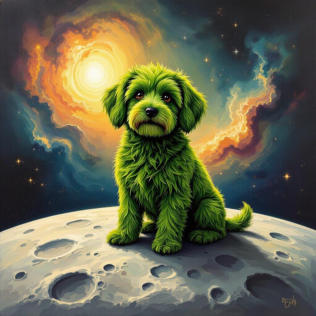 Surreal Grass Dog on Moonscape in Dalí Style