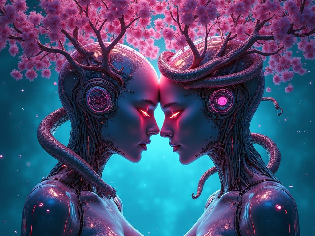 Cyborg Adam and Eve in a Neon-Lit Cyberpunk Paradise