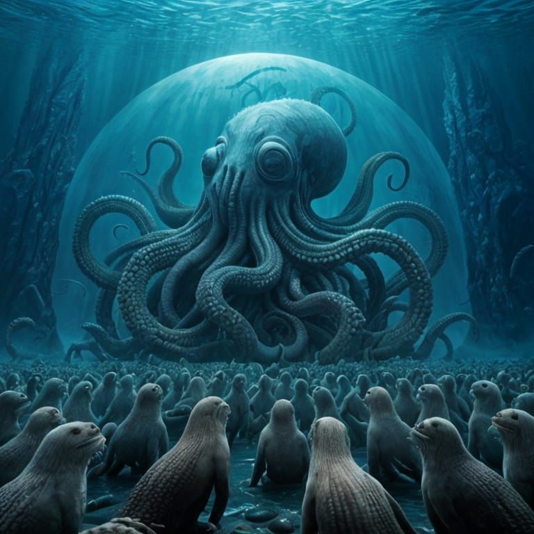 Cthulhu Commands Selkies in Surreal Underwater Dome
