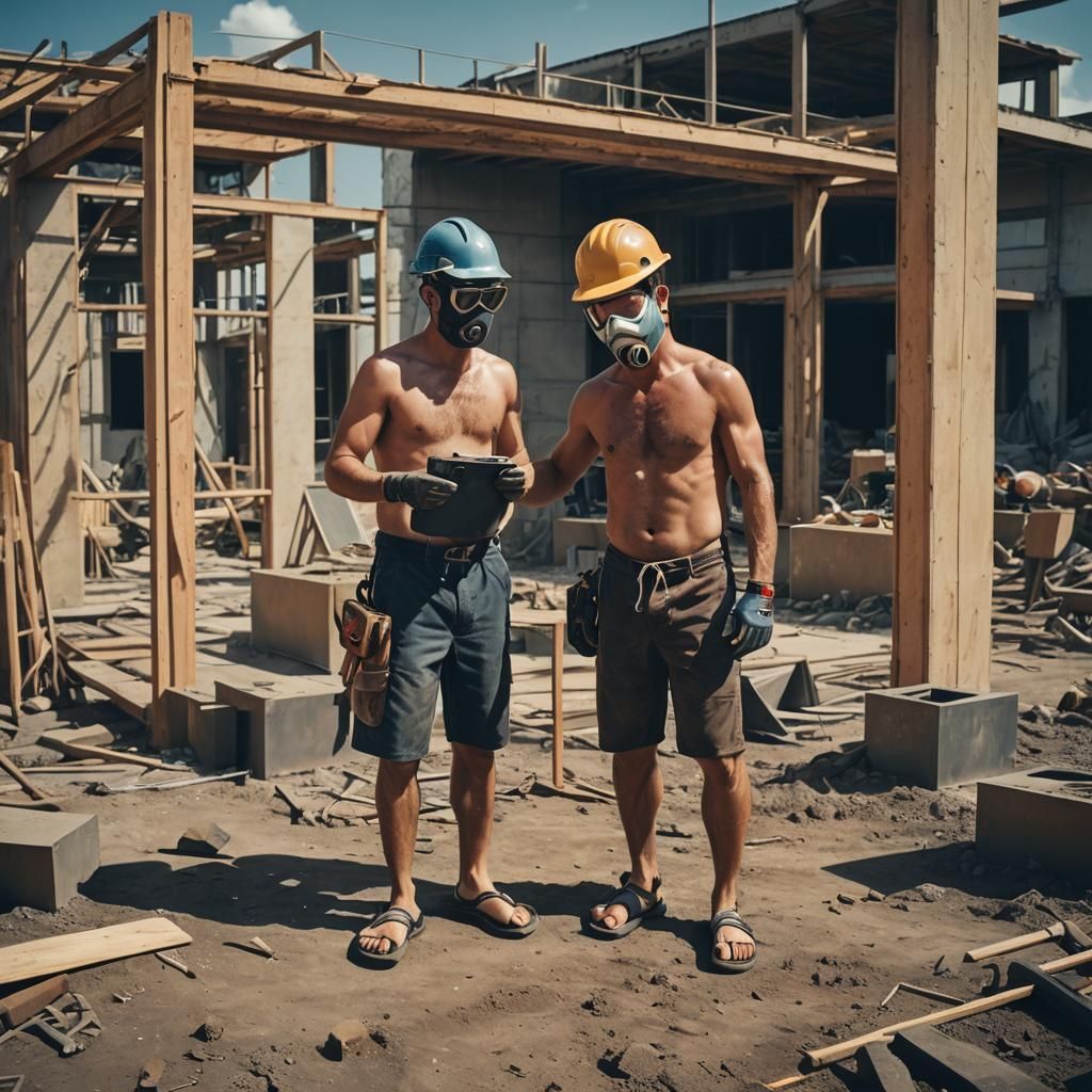 Construction Worker in Jandals: Cinematic Film Still
