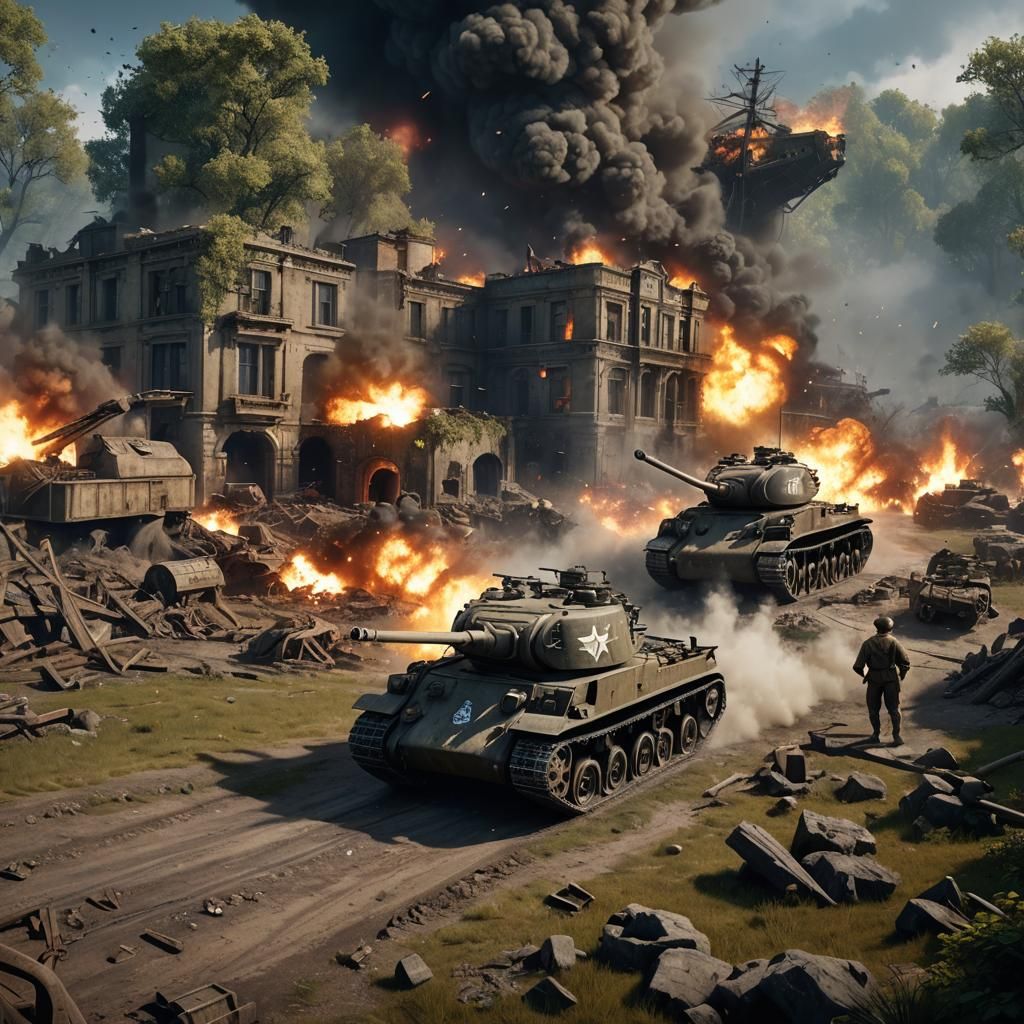 WWII Battle Scene with Sherman Tank