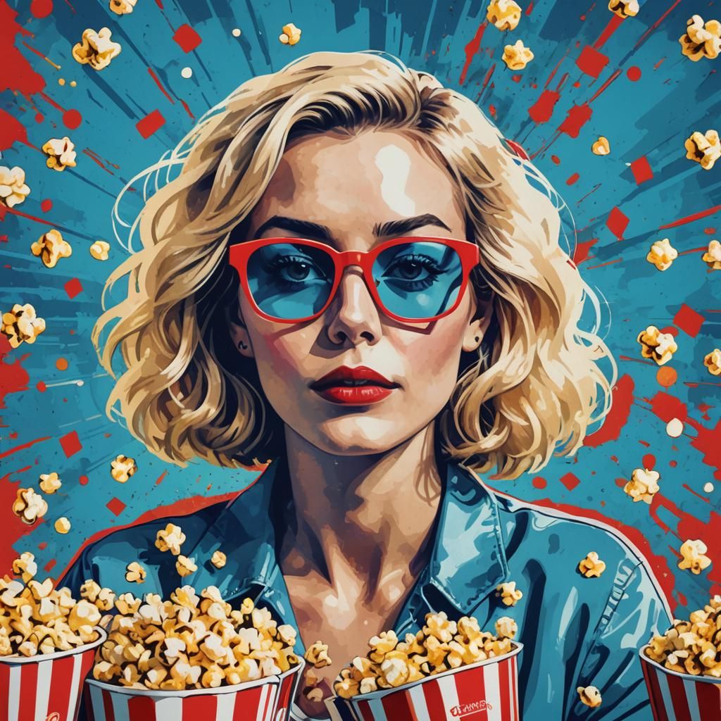 Blonde Woman Watching Movie in Pop Art Style