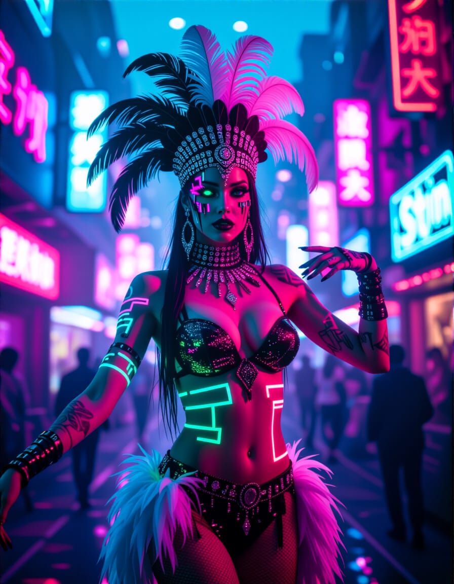 Cyberpunk Showgirl Performing on Stage with Neon Tattoos