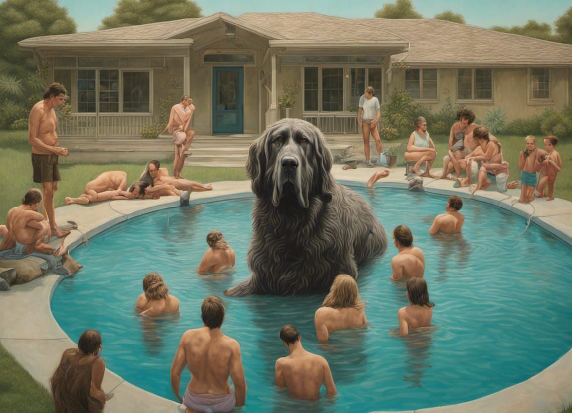 People and Gargantuan Dog by Swimming Pool