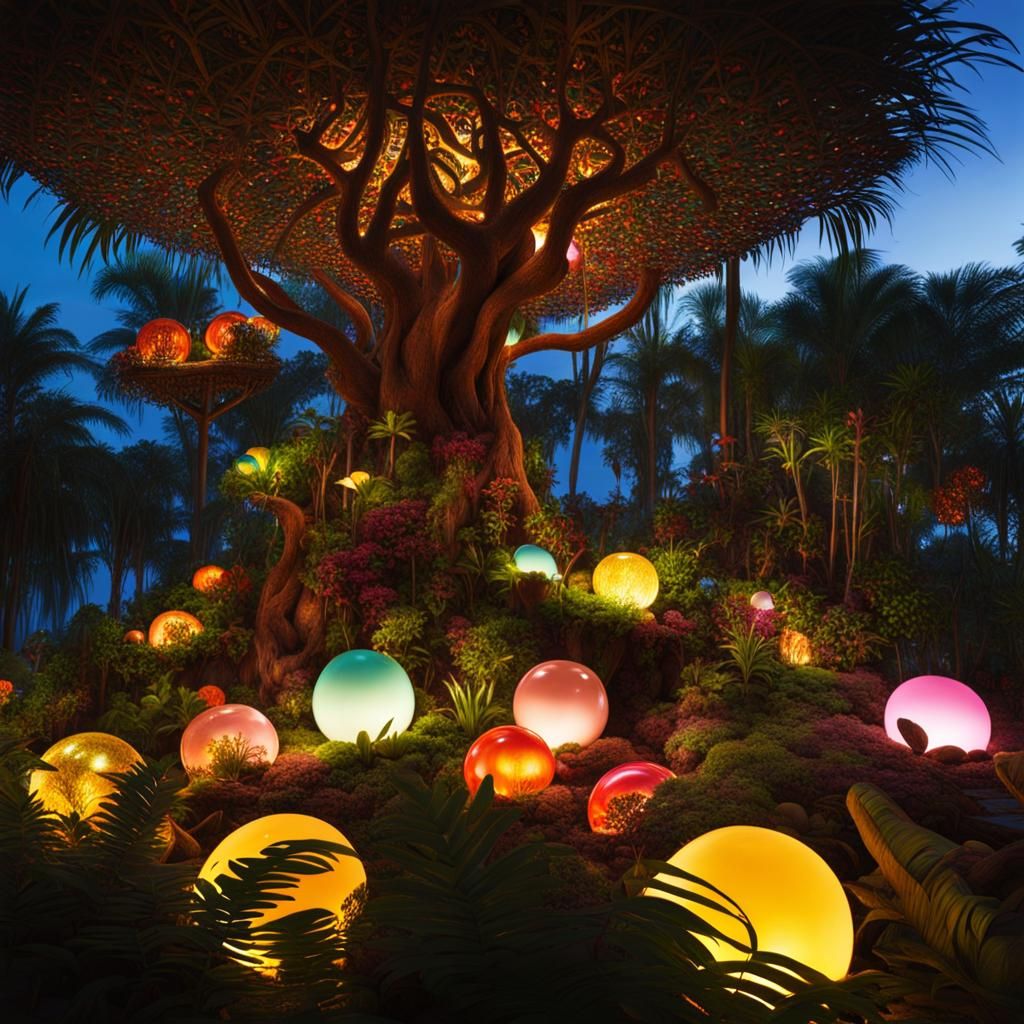 Blown Glass Island Jungle Oasis at Night