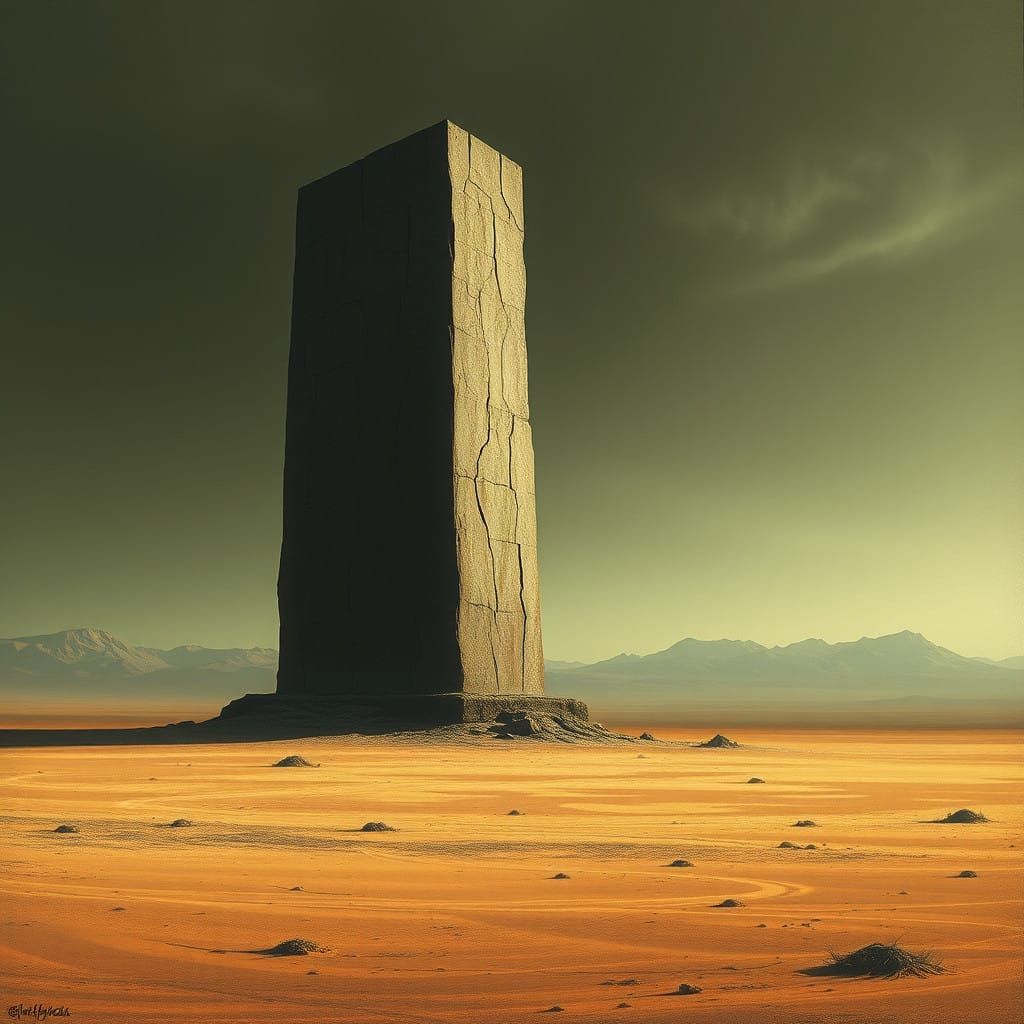 Ancient Monolith Dominates Barren Desert Landscape