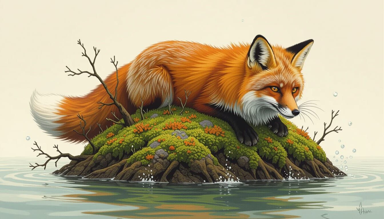 Fox Merging with Island Rock: Dreamlike Realism