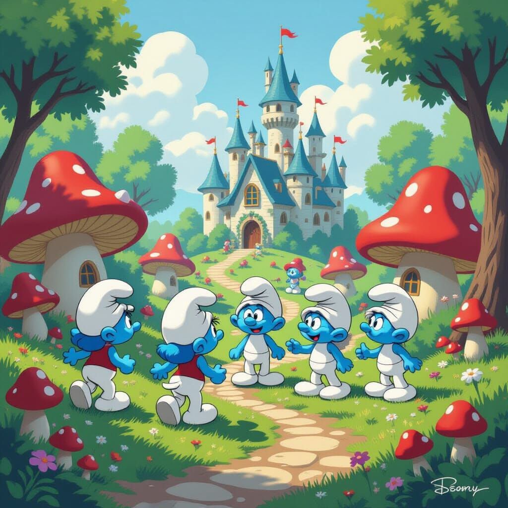 Lush Smurf Village Scene in Whimsical Style