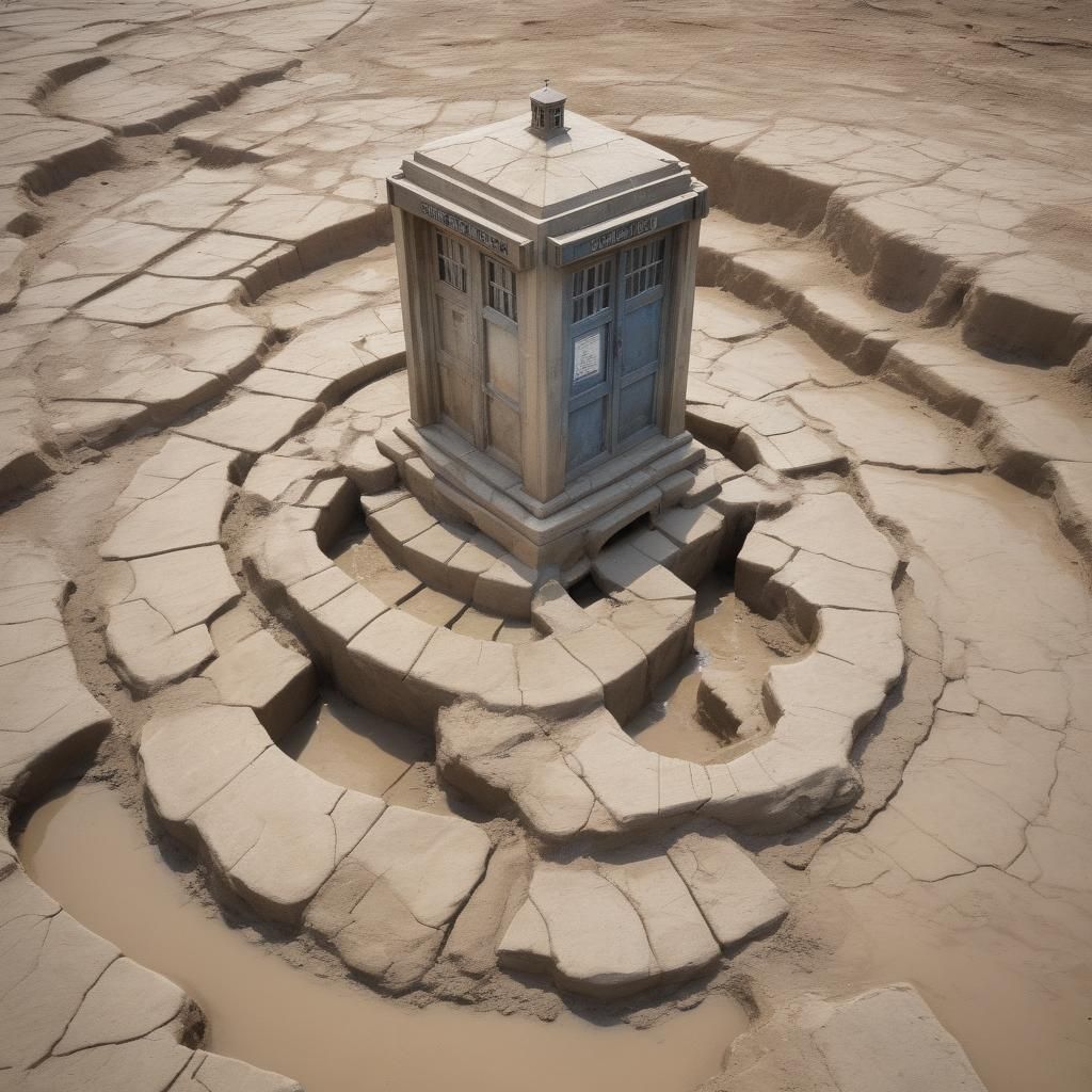 Cracked Concrete Tardis Sculpture in Desert Landscape