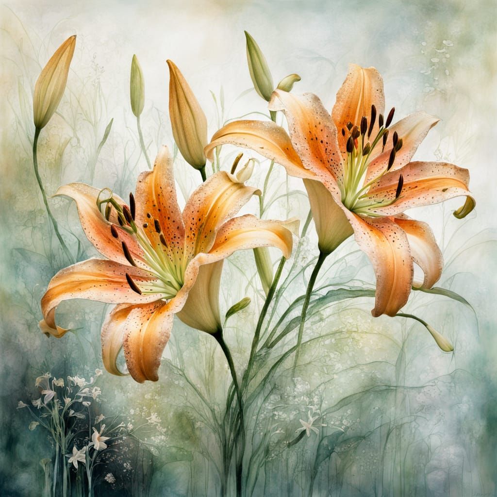 Dew-Kissed Tiger Lilies in Mixed Media