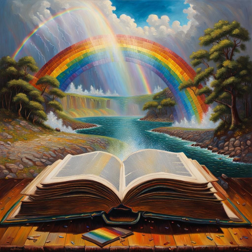 Rainbows Erupting From Open Book: Hyperdetailed Oil Painting