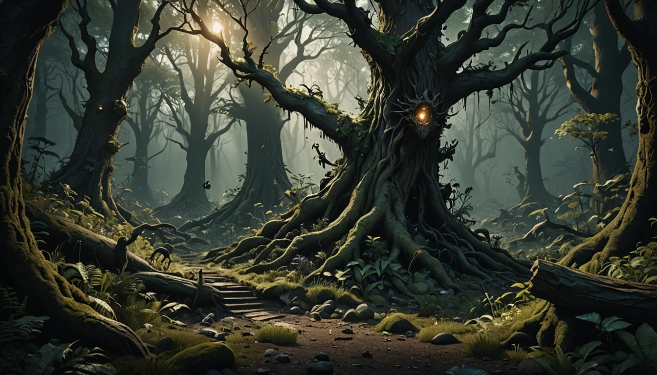 Mysterious Whispering Woods with Fluttering Creatures