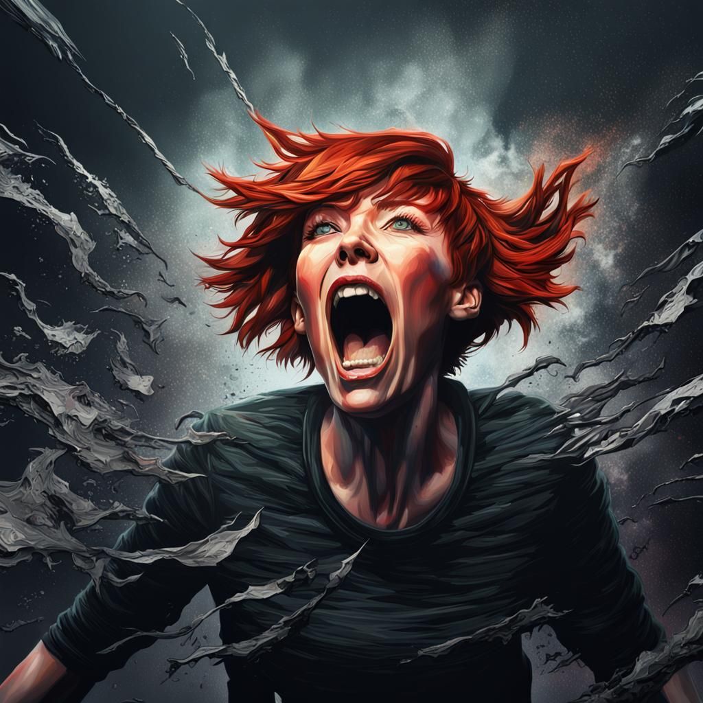 Hyperrealistic Woman Screaming into the Void: Mixed Media