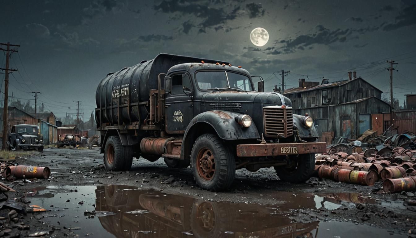 Menacing Black Truck in Industrial Wasteland