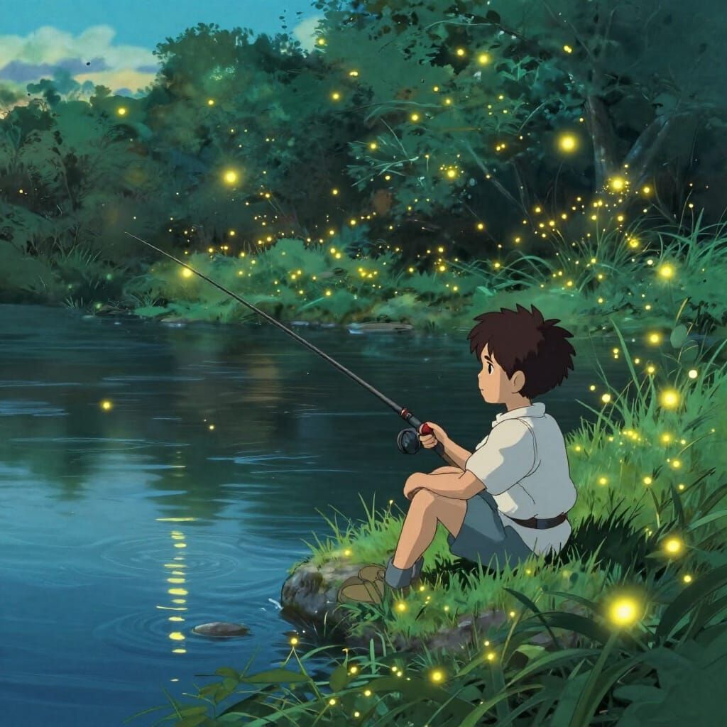 Boy Fishing by Bioluminescent River at Dusk
