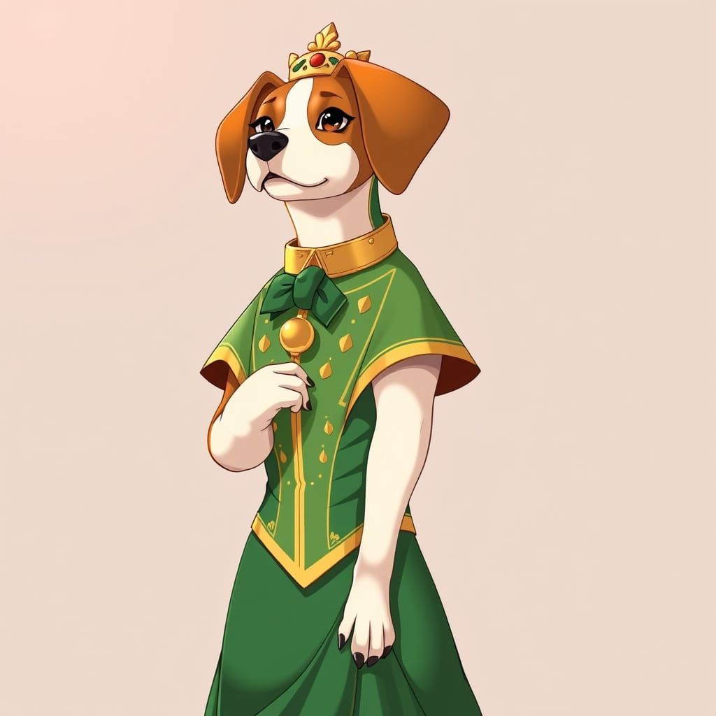 Beagle in Green and Gold Dress, Manga Style