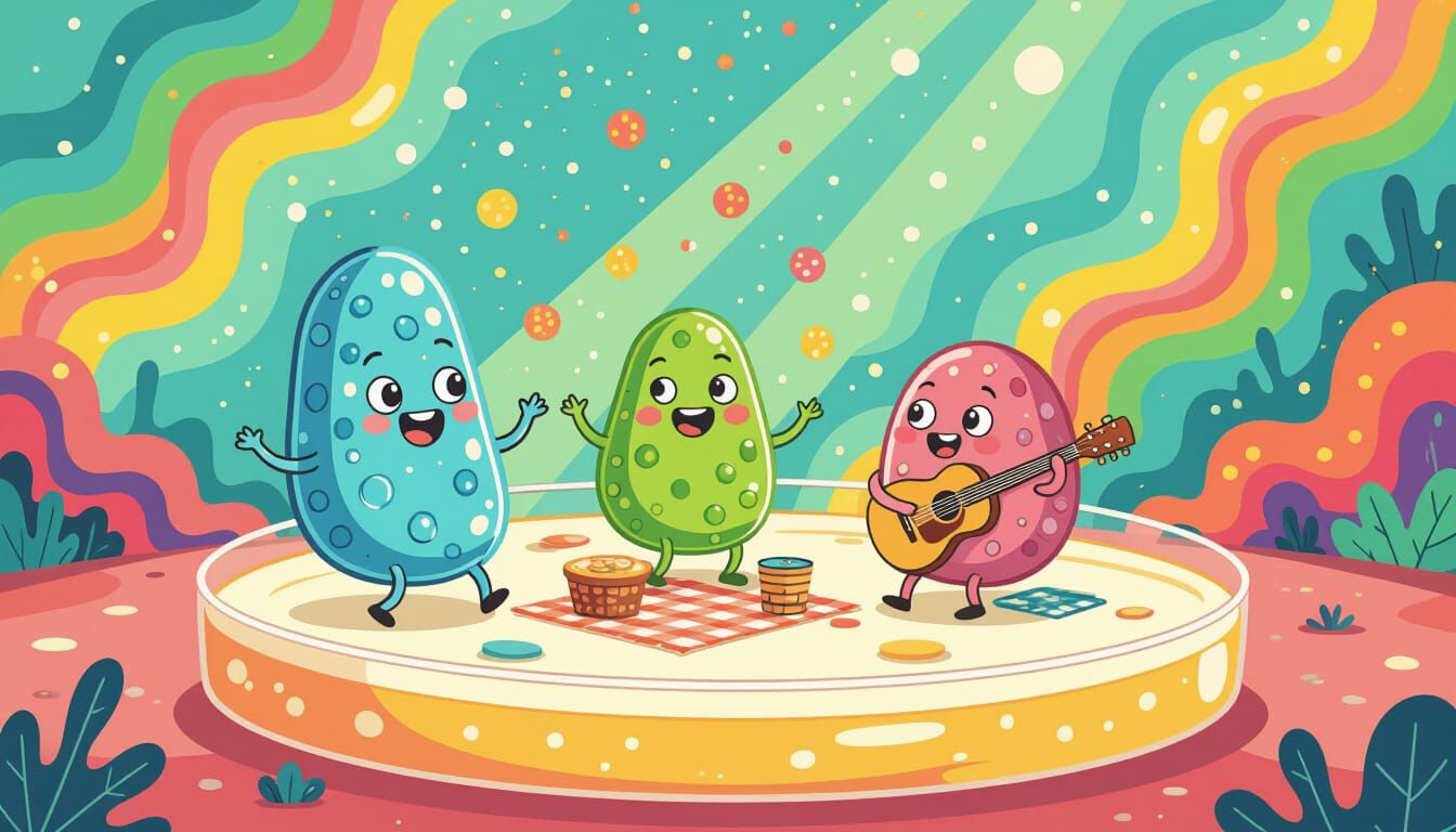 Whimsical Bacteria Picnic on Petri Dish