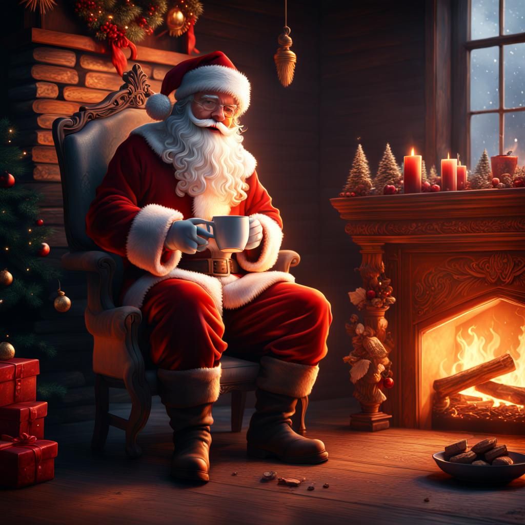 Santa Serves Coffee by Fireplace: Detailed Matte Painting