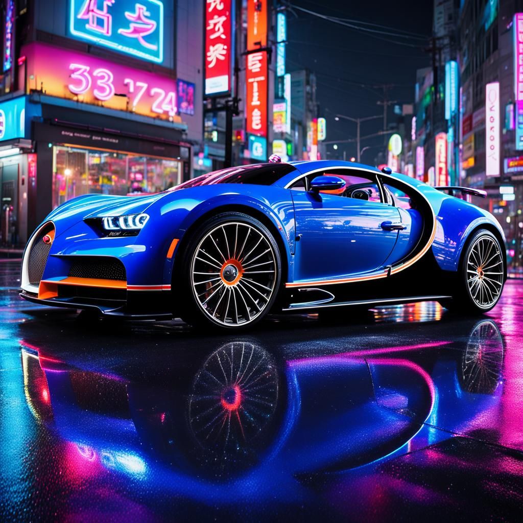 Vaporwave Bugatti in Rainy Tokyo Night